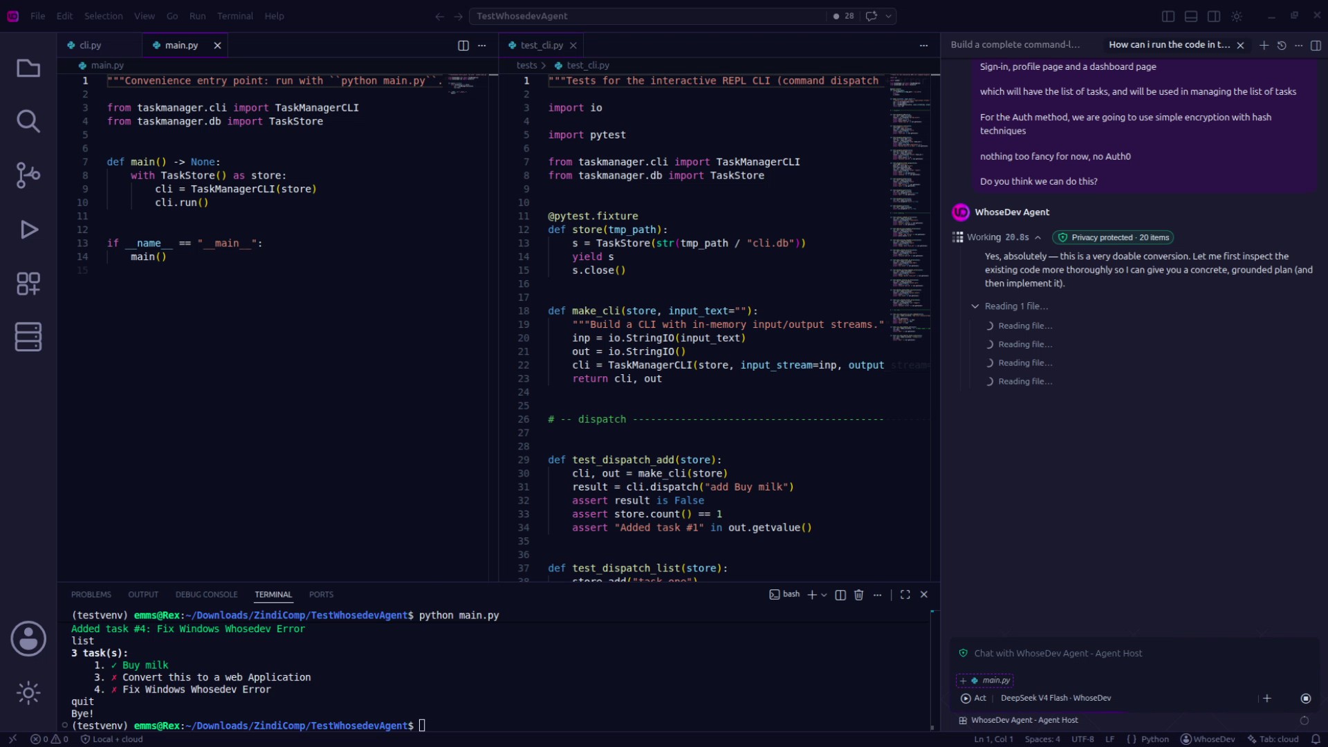 WhoseDev Agent chat alongside source code and a terminal