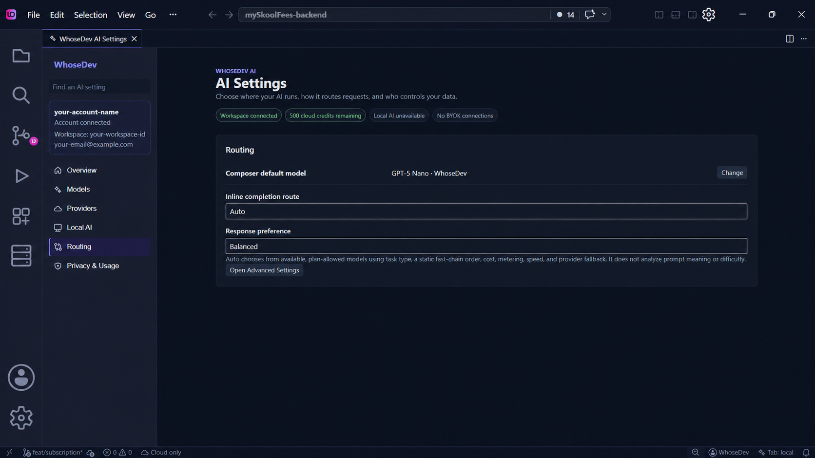 WhoseDev AI Settings Routing section with Auto inline completion route and Balanced response preference selected