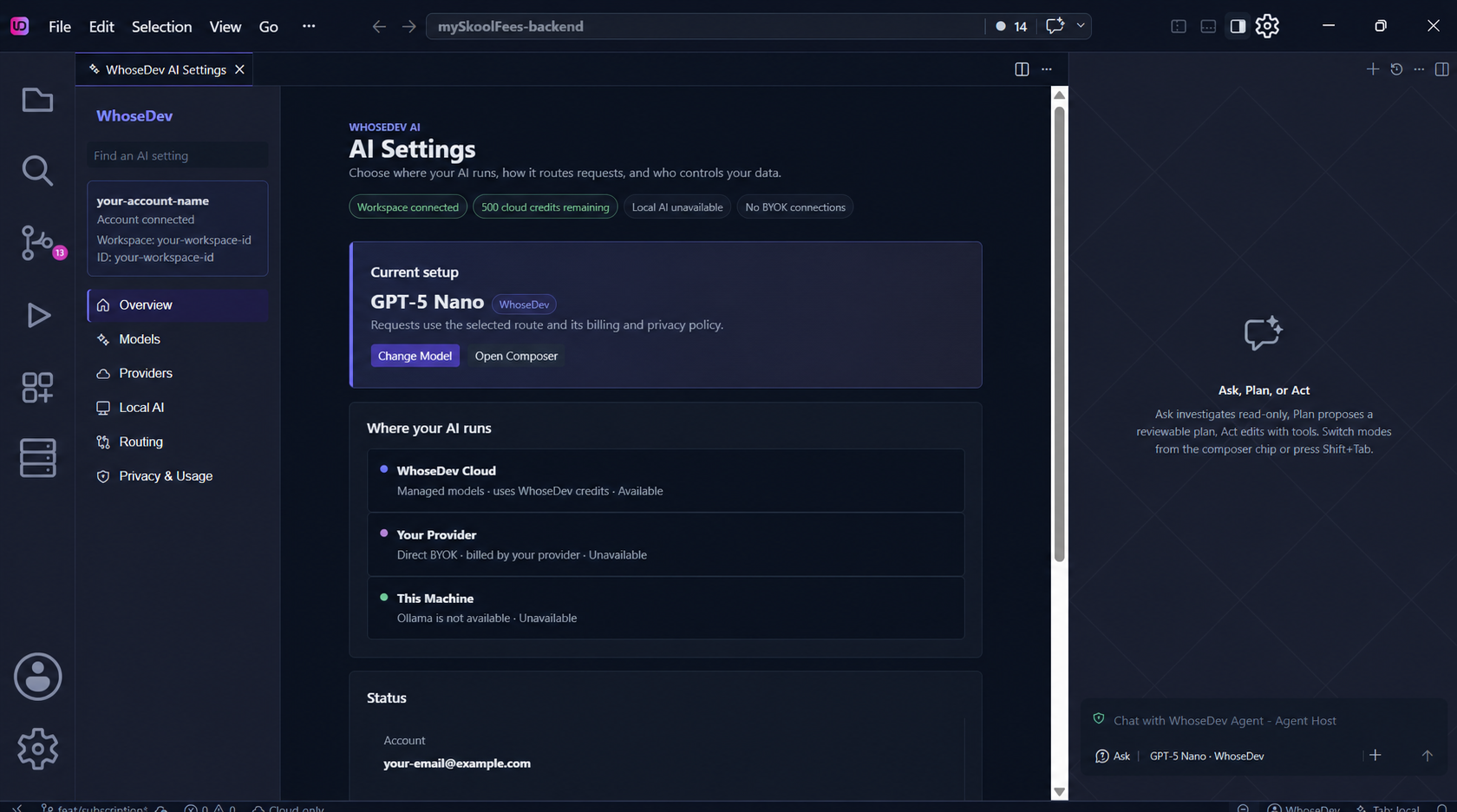 WhoseDev AI Settings overview showing WhoseDev Cloud, direct provider, and local Ollama routes
