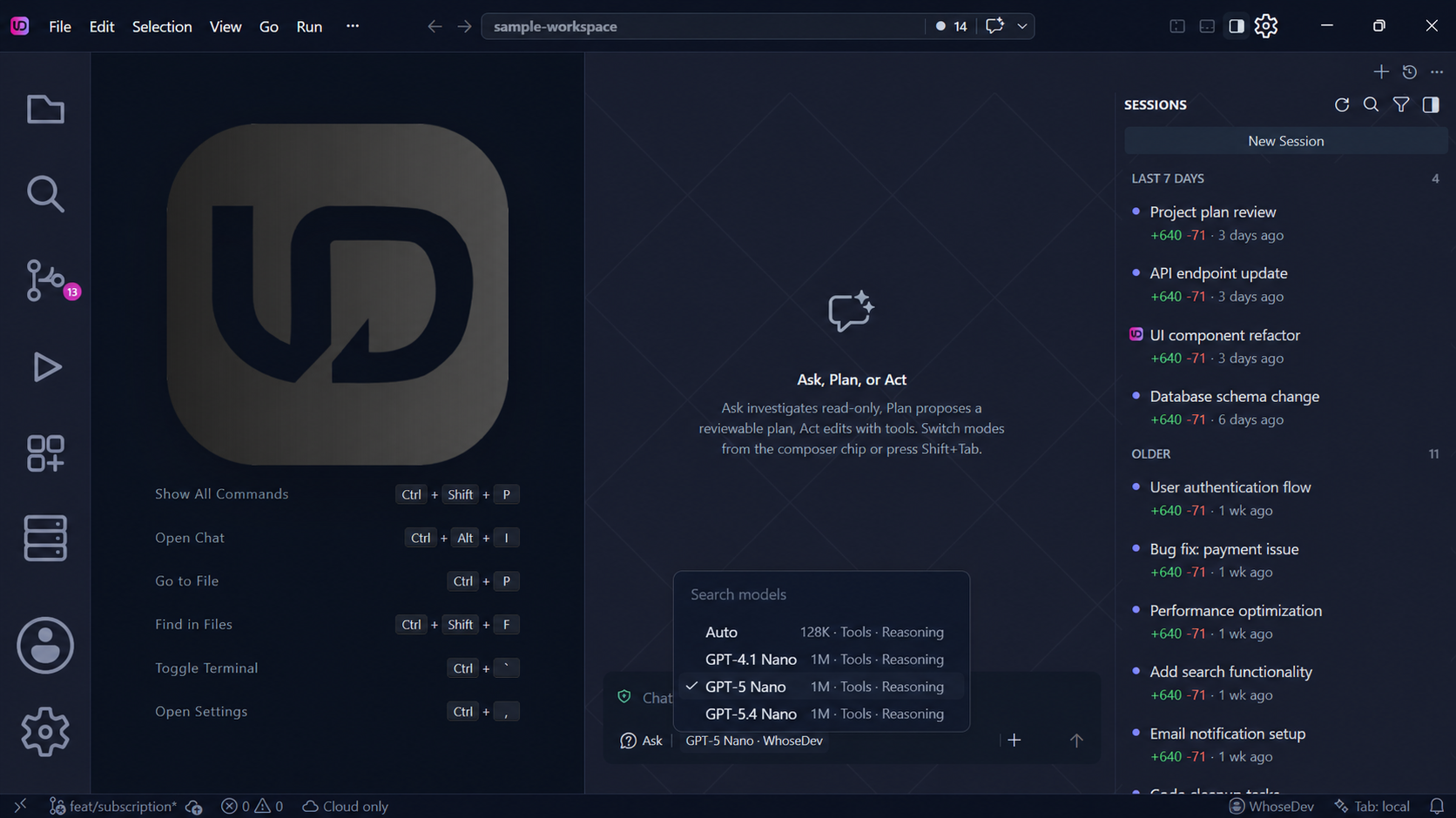 WhoseDev chat composer with the model picker open and GPT-5 Nano selected