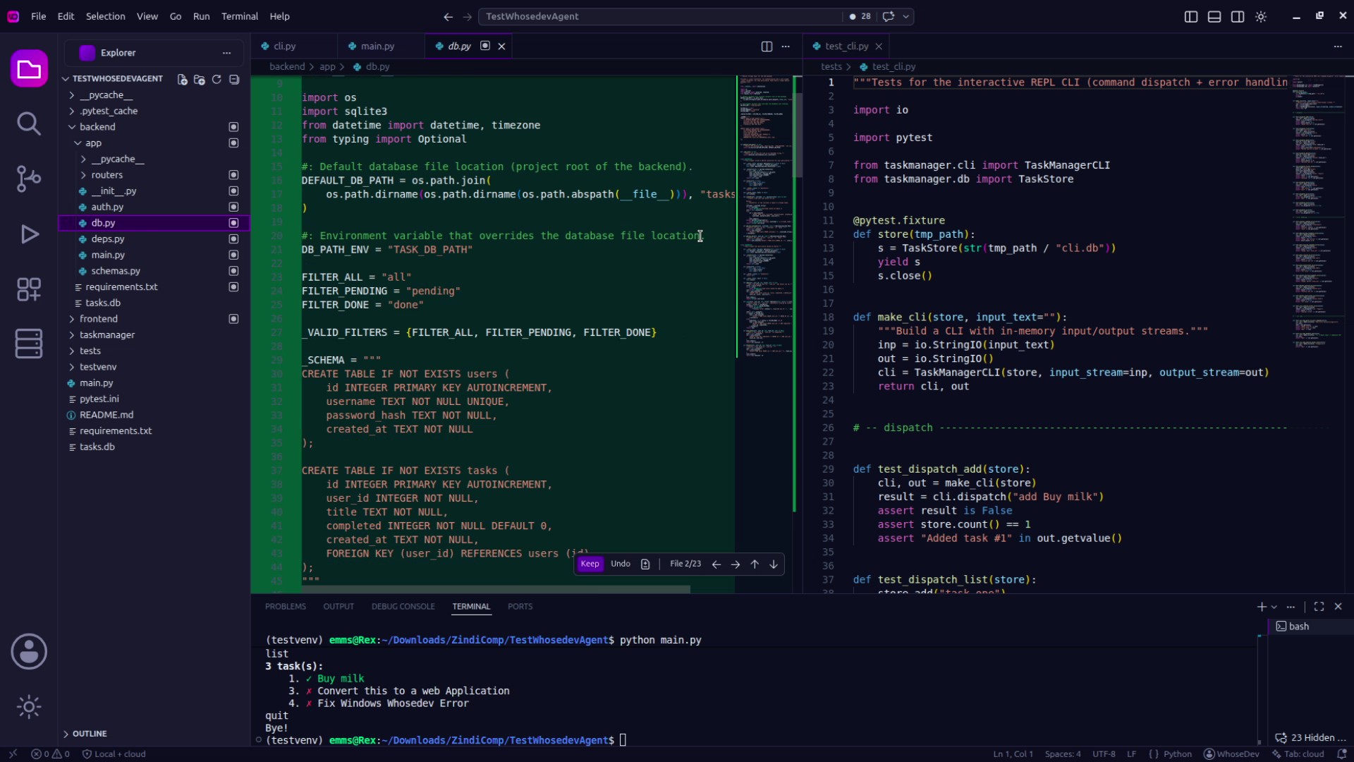 A WhoseDev workspace with project files, open source code, a terminal, and the WhoseDev Agent panel