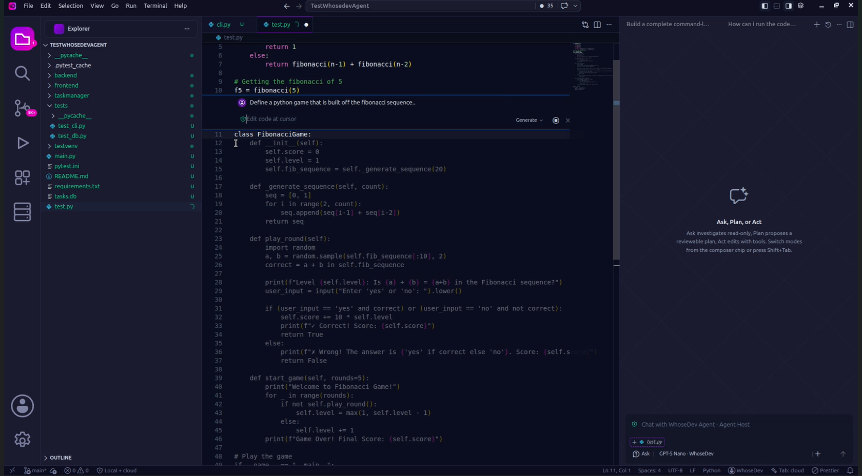 WhoseDev inline edit prompt in a Python file beside the AI chat panel