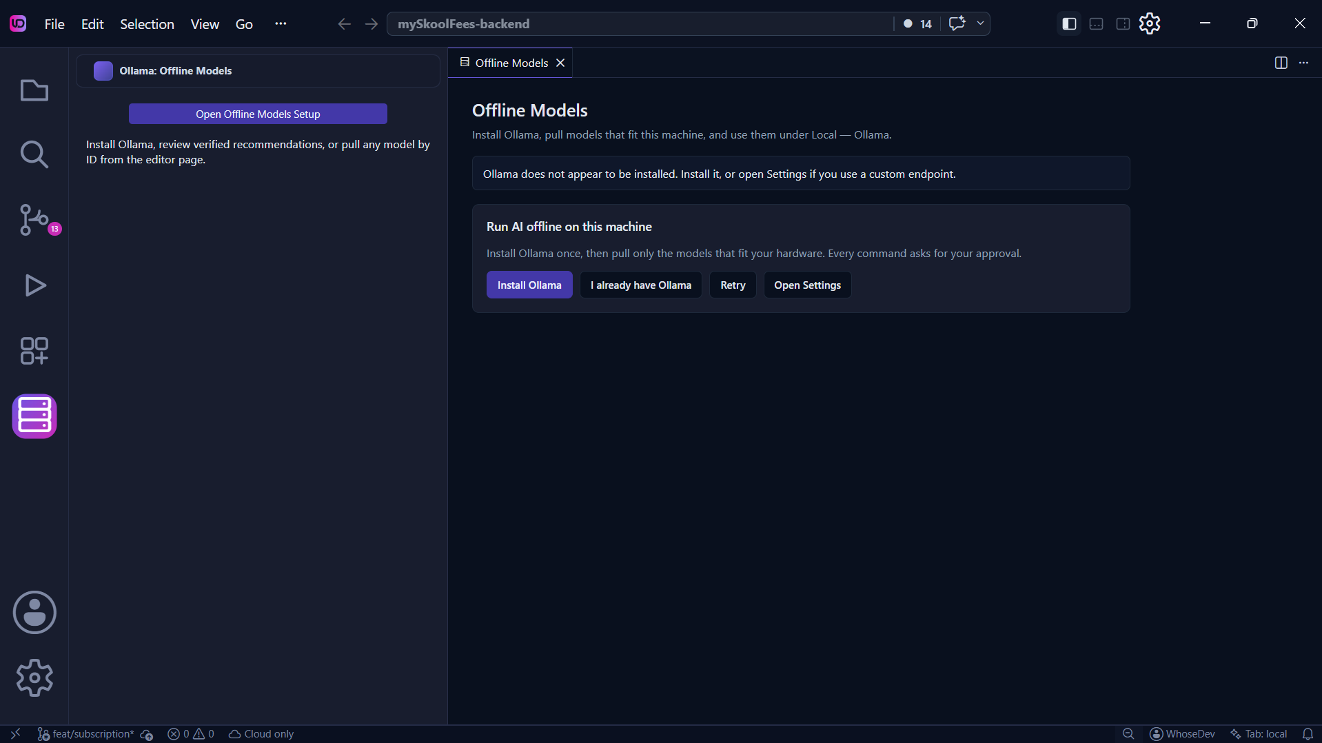 WhoseDev Offline Models screen explaining that Ollama is not installed and offering setup actions