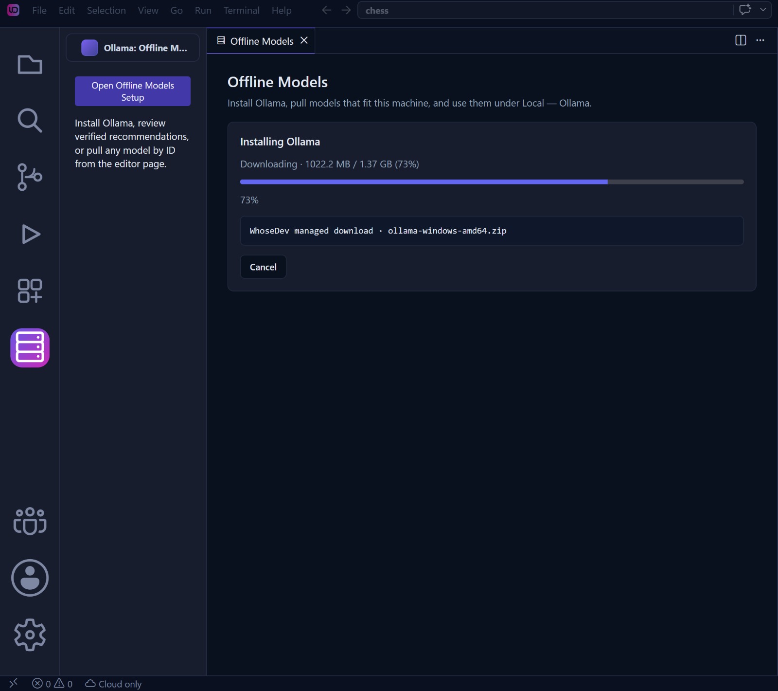 WhoseDev Offline Models setup showing Ollama download and installation progress