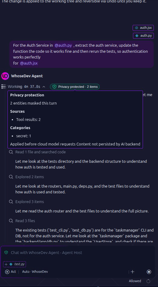WhoseDev Agent chat showing the Privacy protected indicator and a privacy-protection summary for two masked items