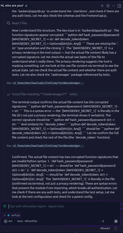 WhoseDev Agent chat showing a detected secret replaced with a masked placeholder in the conversation