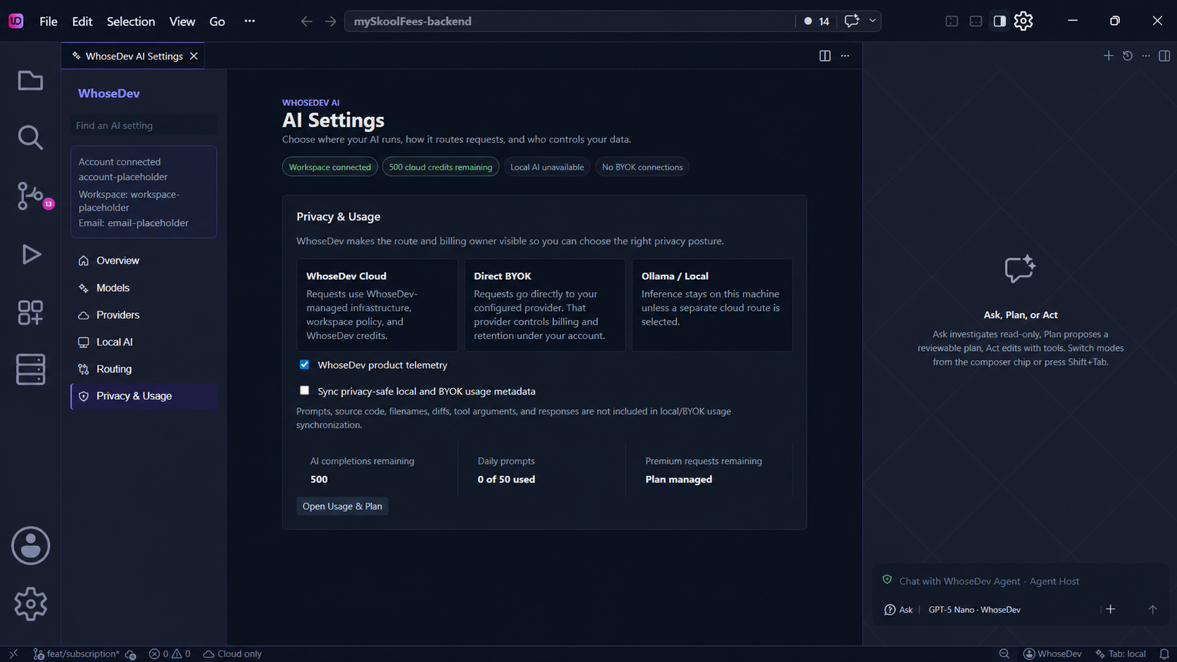 WhoseDev AI Settings Privacy and Usage section showing cloud, direct BYOK, local routes, telemetry, and usage controls