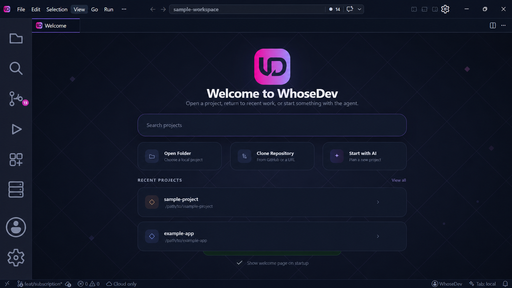 WhoseDev Welcome page with options to open a folder, clone a repository, or start a project with AI